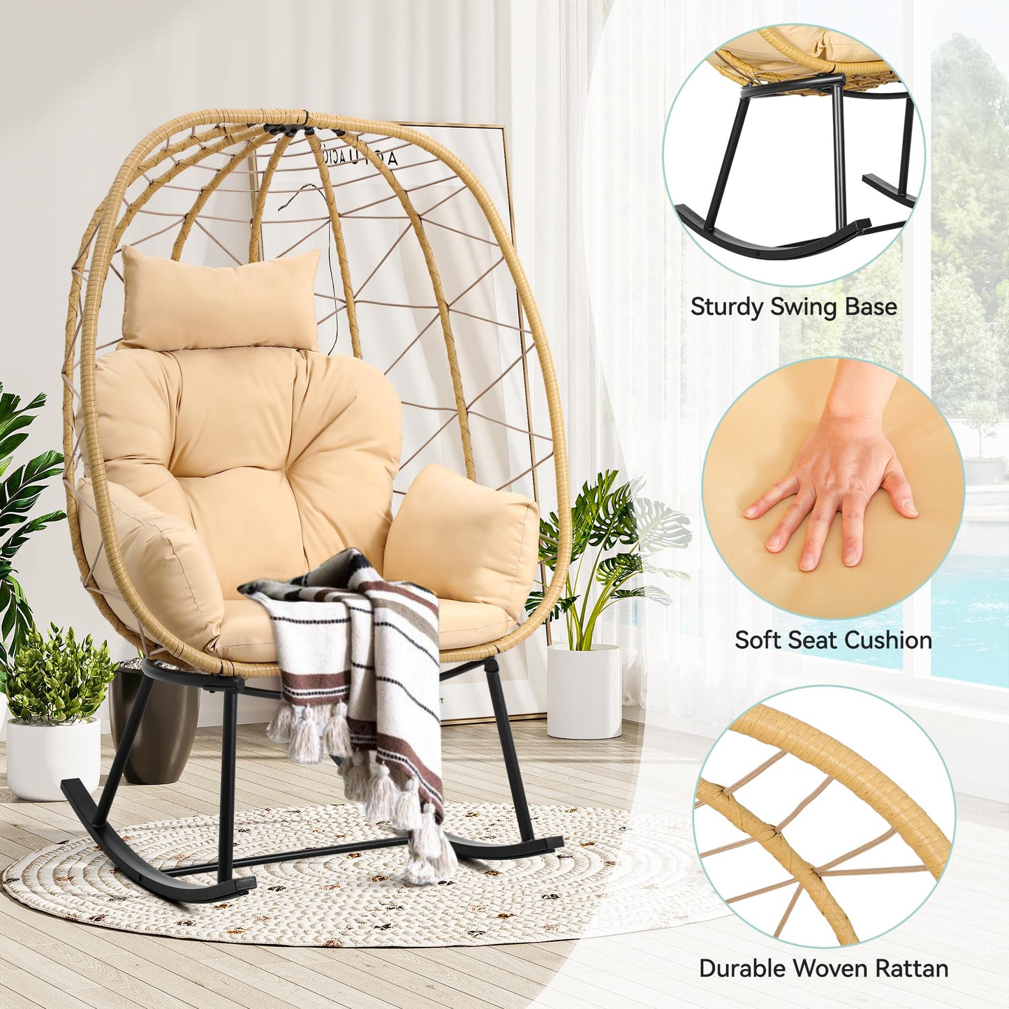 YITAHOME Wicker Rocking Egg Chair, Outdoor Patio Rocking Chair with Cushioned Comfort, 330lb Capacity, Anti-Slip, All-Weather Resilient Egg Lounger Chair for Indoor & Outdoor Relaxation Spaces, Beige