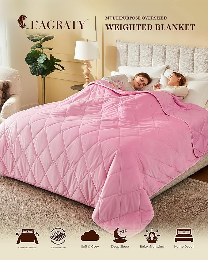 L'AGRATY Queen Size Weighted Blanket for Adults 20lbs, 60"x80" — Cooling Breathable Heavy Blanket with Glass Beads for Sleeping Perfect for Hot Sleepers & Couples Machine Washable All-Season Pink