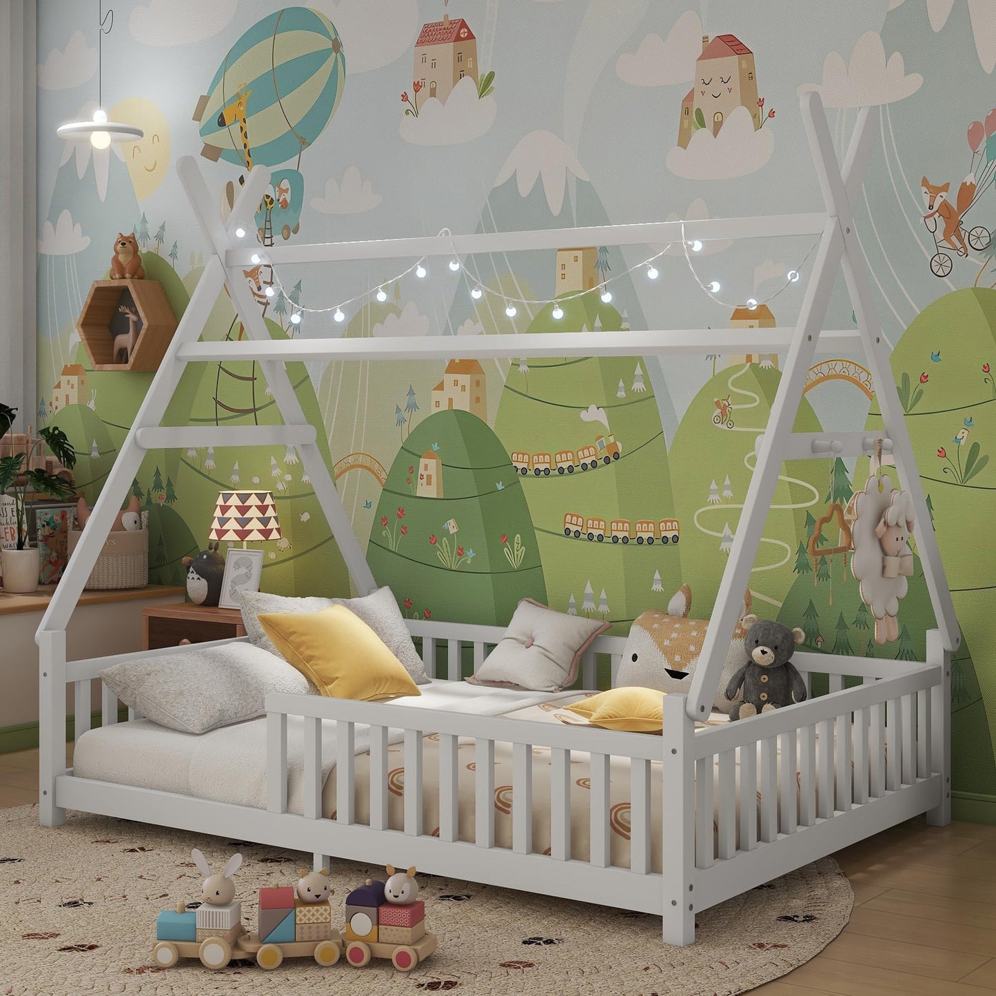 Mirightone Teepee Floor Bed for Kids, Full Size Montessori Beds with Rails, Detachable Floor Tent Bed with Slats and Hanging Rack, Wood House Bedframe for Boys Girls, White