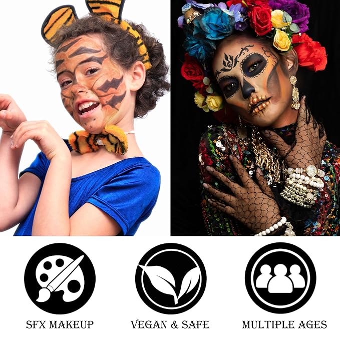 Black Brown Terracotta Face & Body Paint - Blendable Facepaint Foundation with Sponge & Brush for Skin, Professional Halloween Face Make-up Kit for Wolf Werewolf Tiger Deer Lion Beard Cosplay Costume