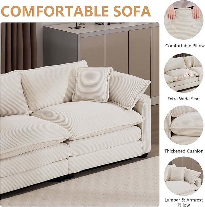 mikibama Luxury 2 Piece Sofa Set, 3-Seater & Loveseat Couch Set, Modern Corduroy Comfy Cloud Couches Set for Living Room Office with 4 Armrest Pillows and 5 Toss Pillows, Beige