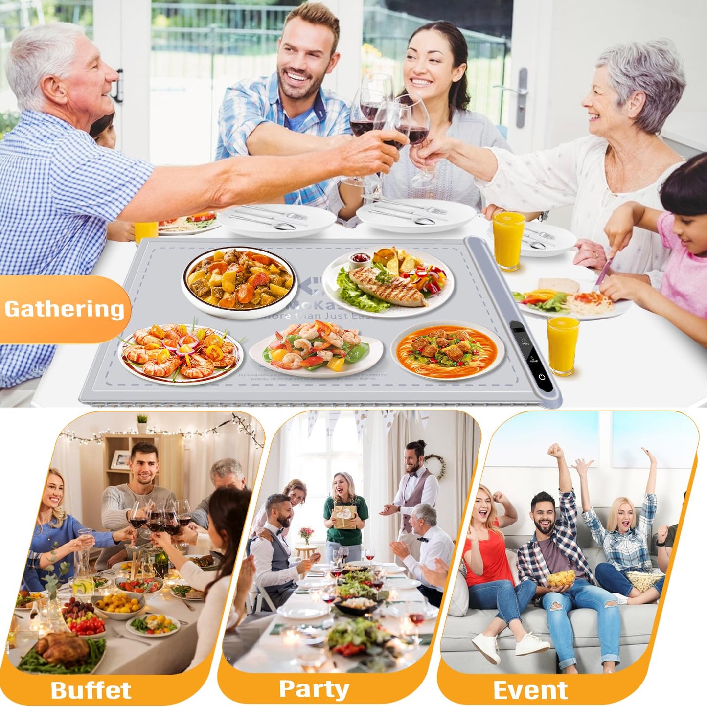 Electric Food Warming Mat Heating：Flameless Silicone Countertop Warmer Tray With 7 Temps 24x16 Inch - Portable Foldable Heat Pad Keep Food Warm For Dinner Serving And Buffet Party - (GRAY)