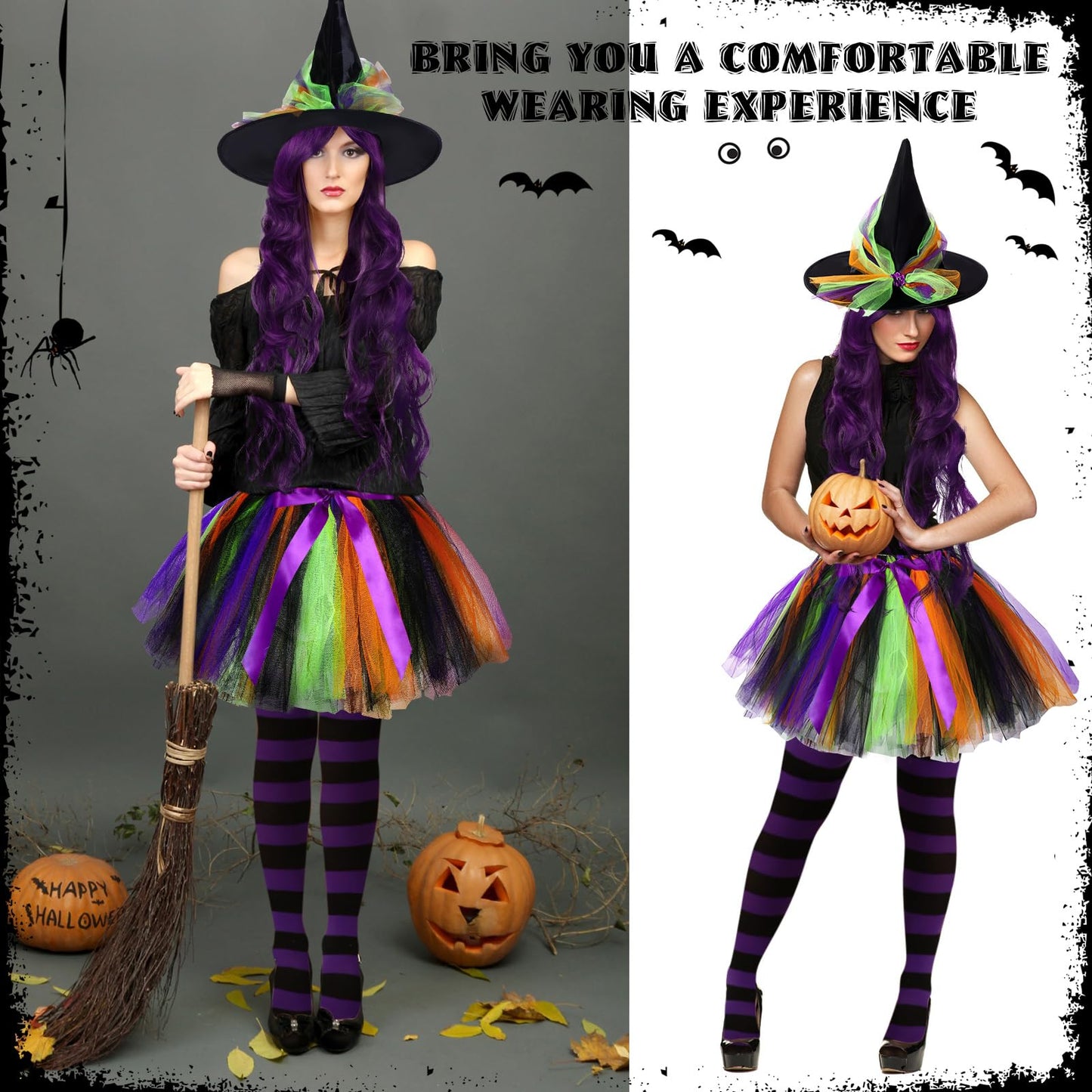 Kigeli 4 Pcs Halloween Witch Costume Set for Women Witch Tutu Outfit Skirt Hat Wig Striped Tights Cosplay (Green Purple)