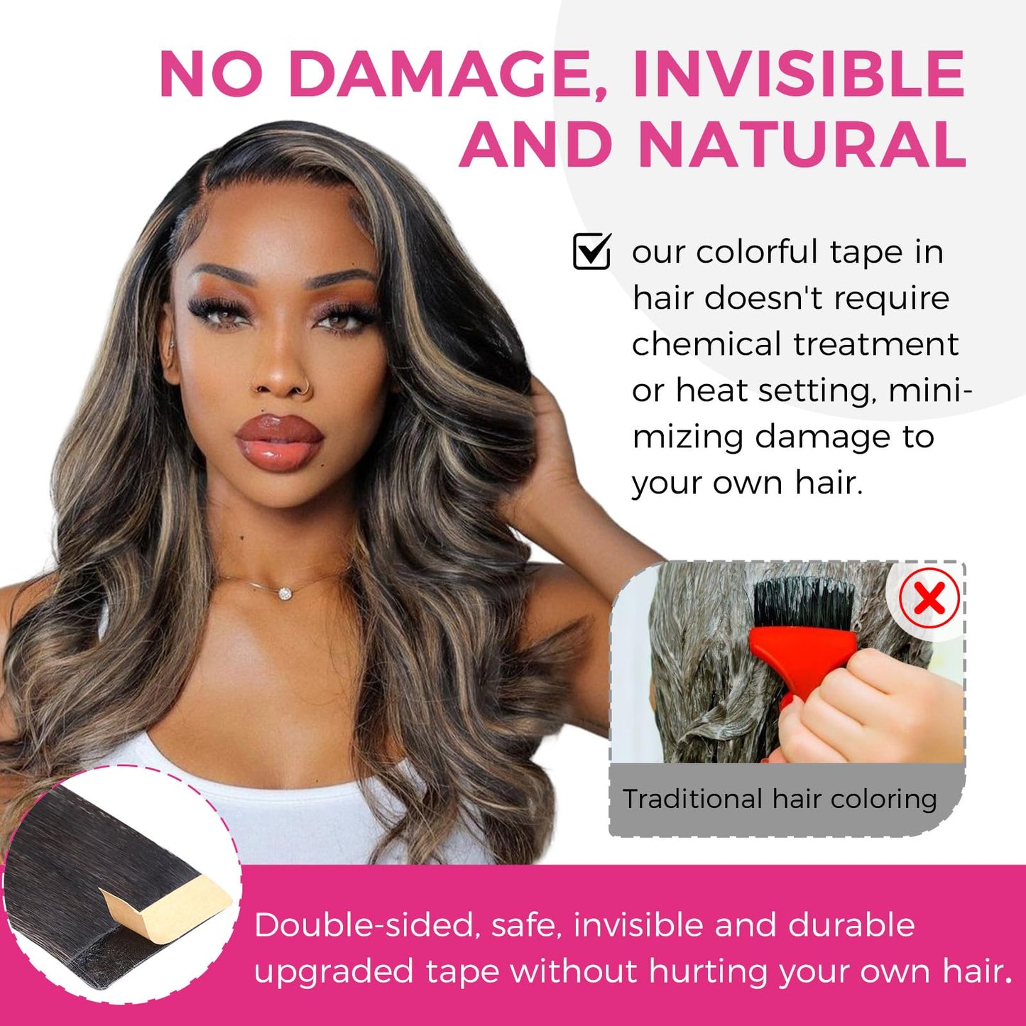 Lashey Tape in Hair Extensions 25g 10pcs 18 Inch Straight Balayage Natural Black to Light Blonde Highlighted Hair Extensions Tap