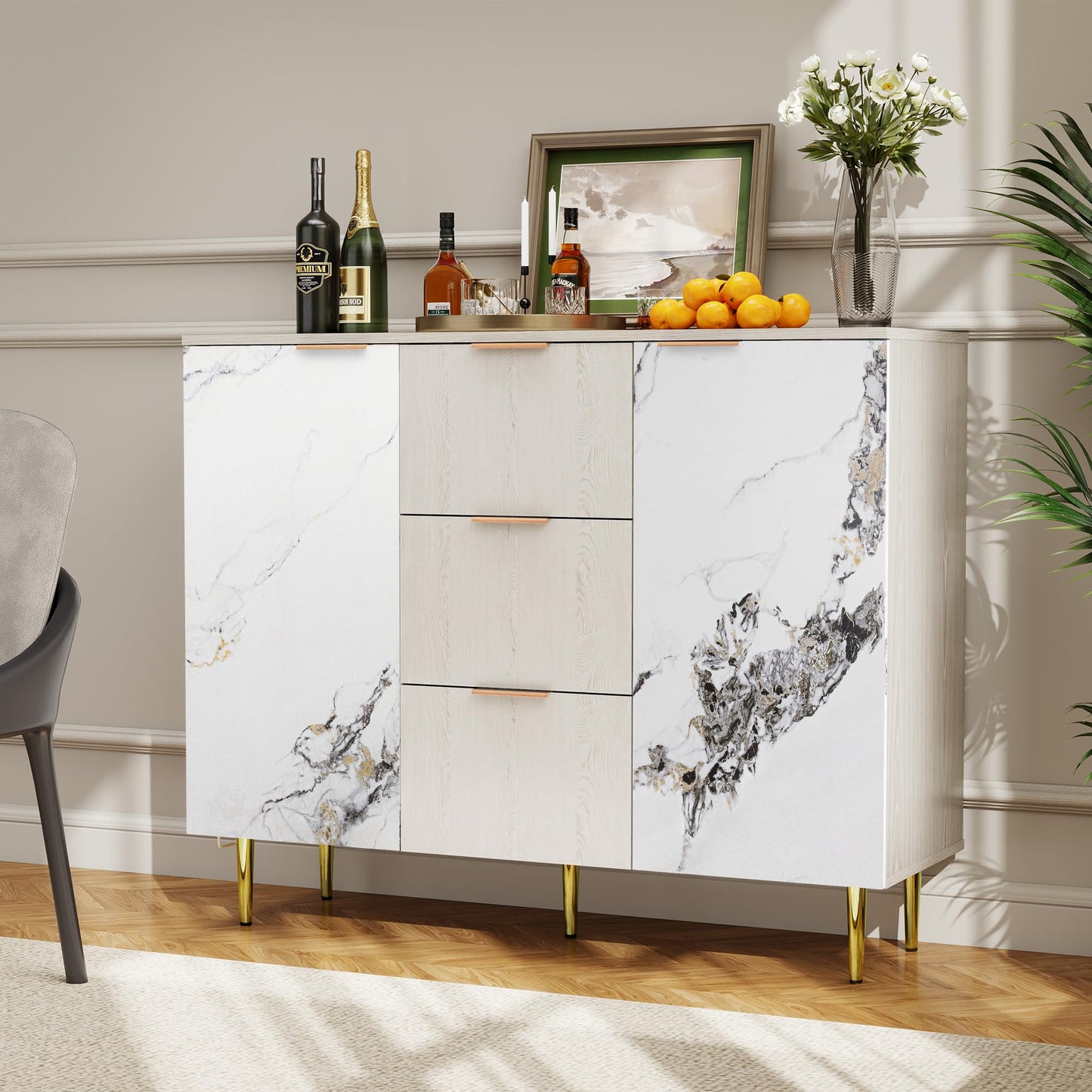 LubanNese Buffet Sideboard Cabinet with Storage, Modern Sideboard with 3 Drawers, Credenza Accent Cabinet, Wood Console Table Coffee Bar for Kitchen, Dining Room, Entryway