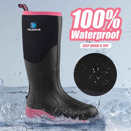 Trudave Rubber Boots for Women with Steel Shank, Waterproof Insulated Mud Rain Boots, 6mm Neoprene Anti-slip Outdoor Work Boots, Pink, Size 7