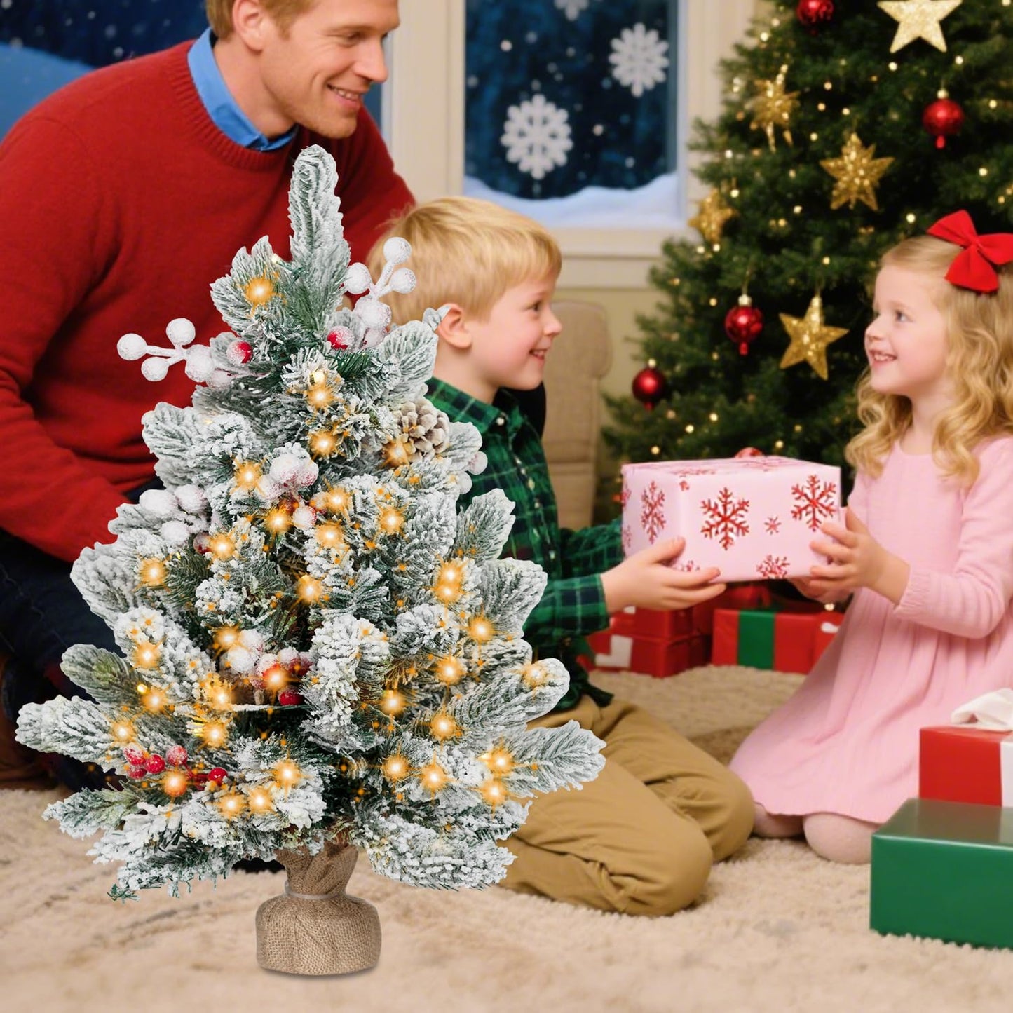 ININ 2FT Pre-lit Mini Christmas Snow Flocked Tree,Tabletop Artificial Christmas Tree with LED Lights, Small Xmas Pine Tree with Cloth Bag Base for Christmas Decor,12 Clusters Berry & 8 Pinecones