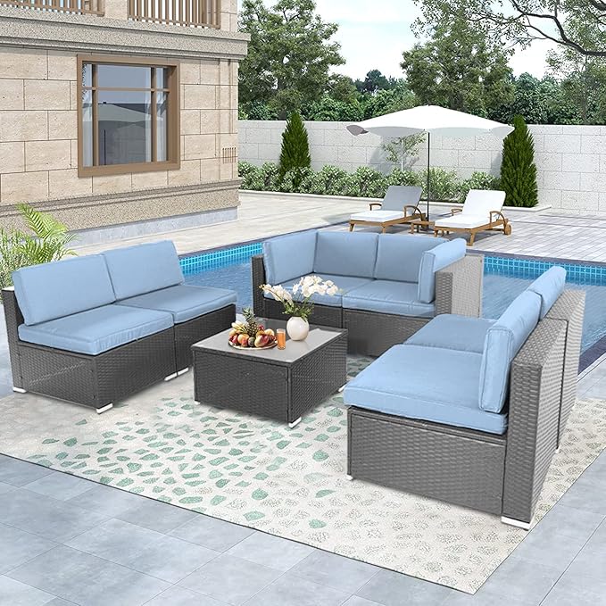 Crownland 7-Pieces Outdoor Patio Furniture Sets, All-Weather Grey Wicker Rattan Sectional Sofa, Modern Glass Coffee Table and Washable Seat Cushion with YKK Zipper (Light Blue)