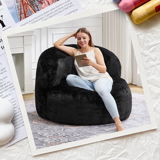 Hobestluk Bean Bag Chair Giant Bean Bag Chairs for Adults Big Bean Bag Chair with Memory Foam Filler Adults Large Beanbag with Faux Fur Cover for Bedroom (Plush Black,Large)