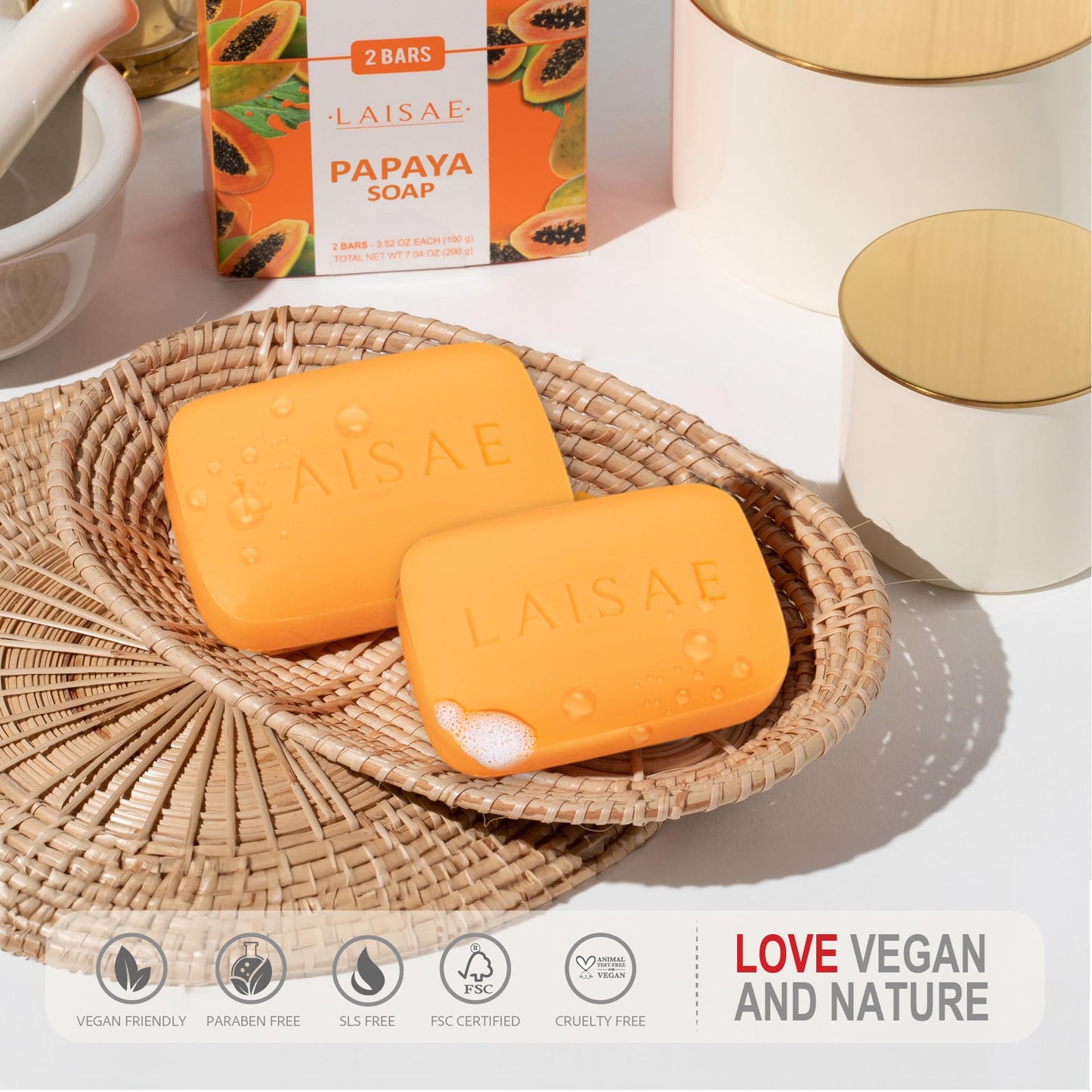 LAISAE Papaya Exfoliating Soap, Hydrating Face Moisturizer with Niacinamide, Shea Butter and Aloe Vera, Even Skin Tone Body Clea