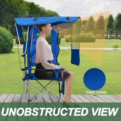 ptlsy Beach Chair with Canopy Shade Folding Camping Chair for Adults with Cup Holders, Cooler Bag for Camping, Fishing, Beach, Sports and Concert (Blue)