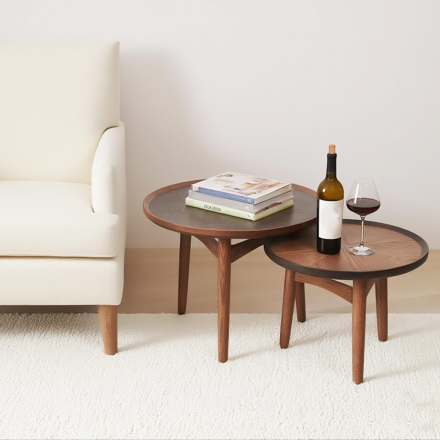 CONSDAN 2-Piece Nesting Coffee Table Set, Solid Oak Frame & Veneer Top, USA Grown Hardwood, Small & Large Round Side Tables for Living Room, Bedroom