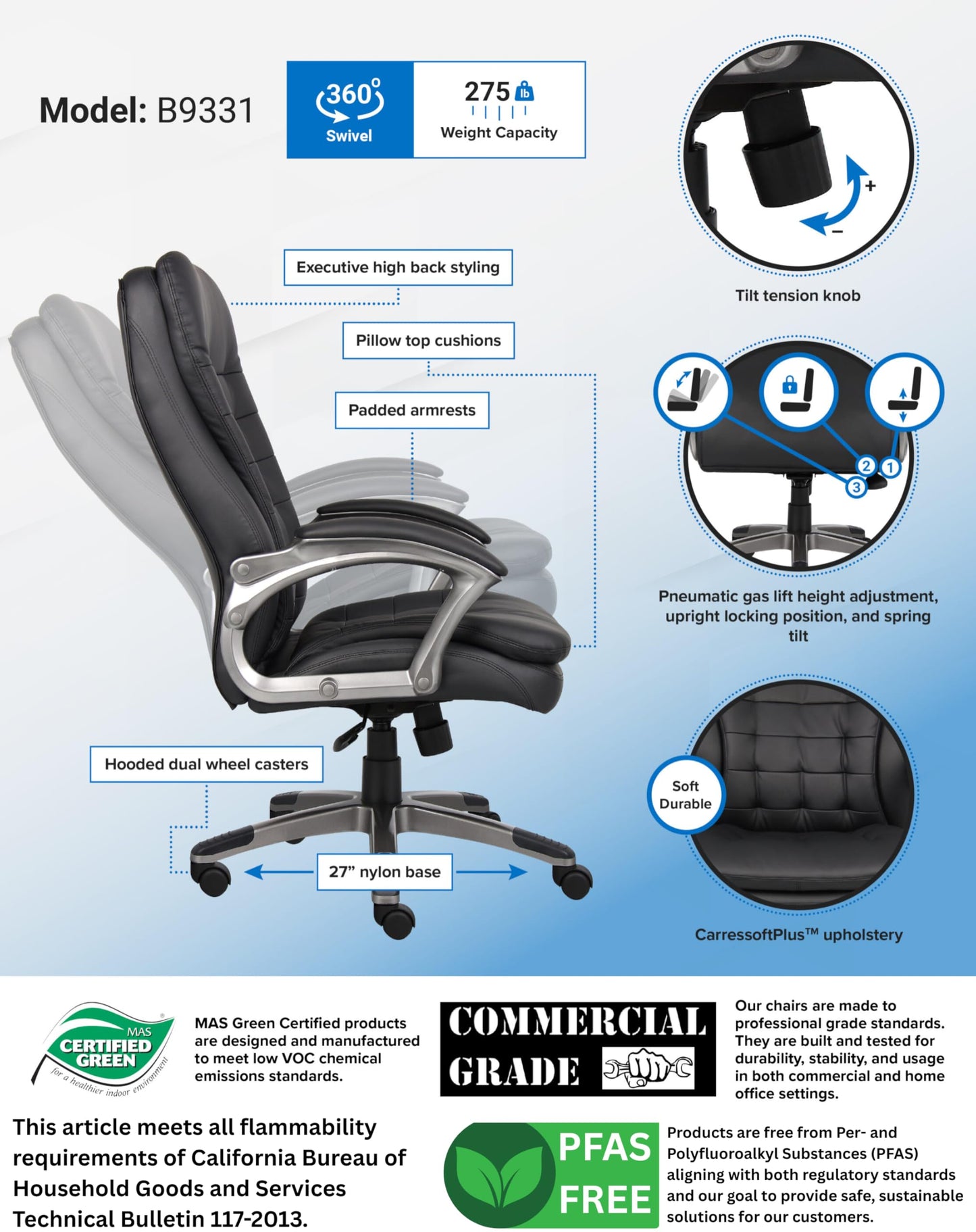 Boss Office Products B9331 High Back Executive Chair with Pewter Finsh, Black
