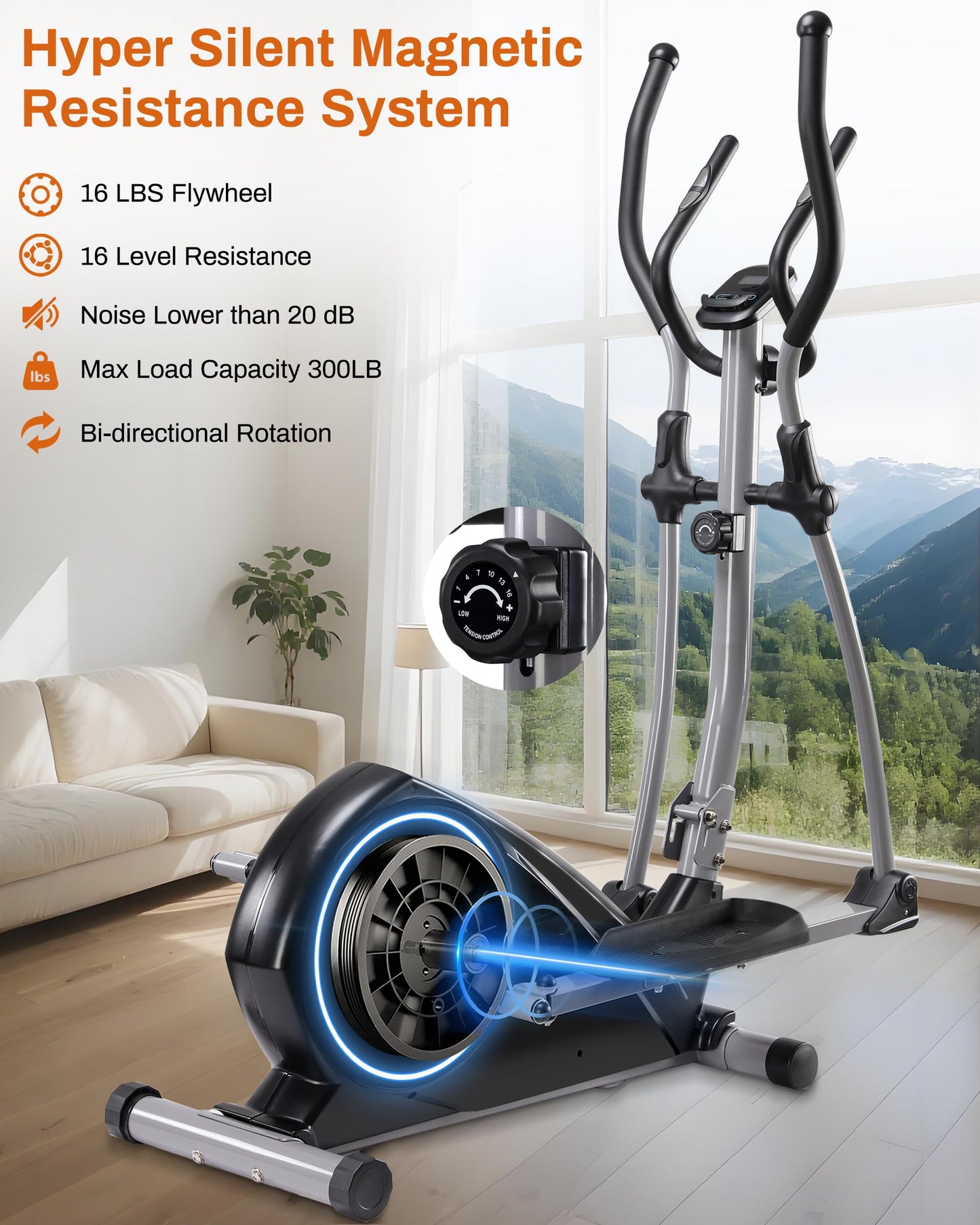 ECHANFIT Elliptical Exercise Machine, Hyper-Quiet Magnetic Elliptical Machine for Home, Elliptical Training Machines with 16 Resistance Levels, App Bluetooth, LCD Monitor, Pulse Sensor, Device Mount