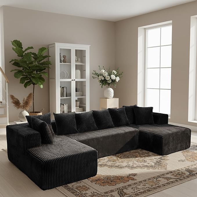 SEENYOO 130" Boneless Couch, Cloud Couch Sectional, Corduroy Sofa for Living Room, U Shaped Modular Sofa with Chaise, No Assembly, 4 Seats Oversized (Black)