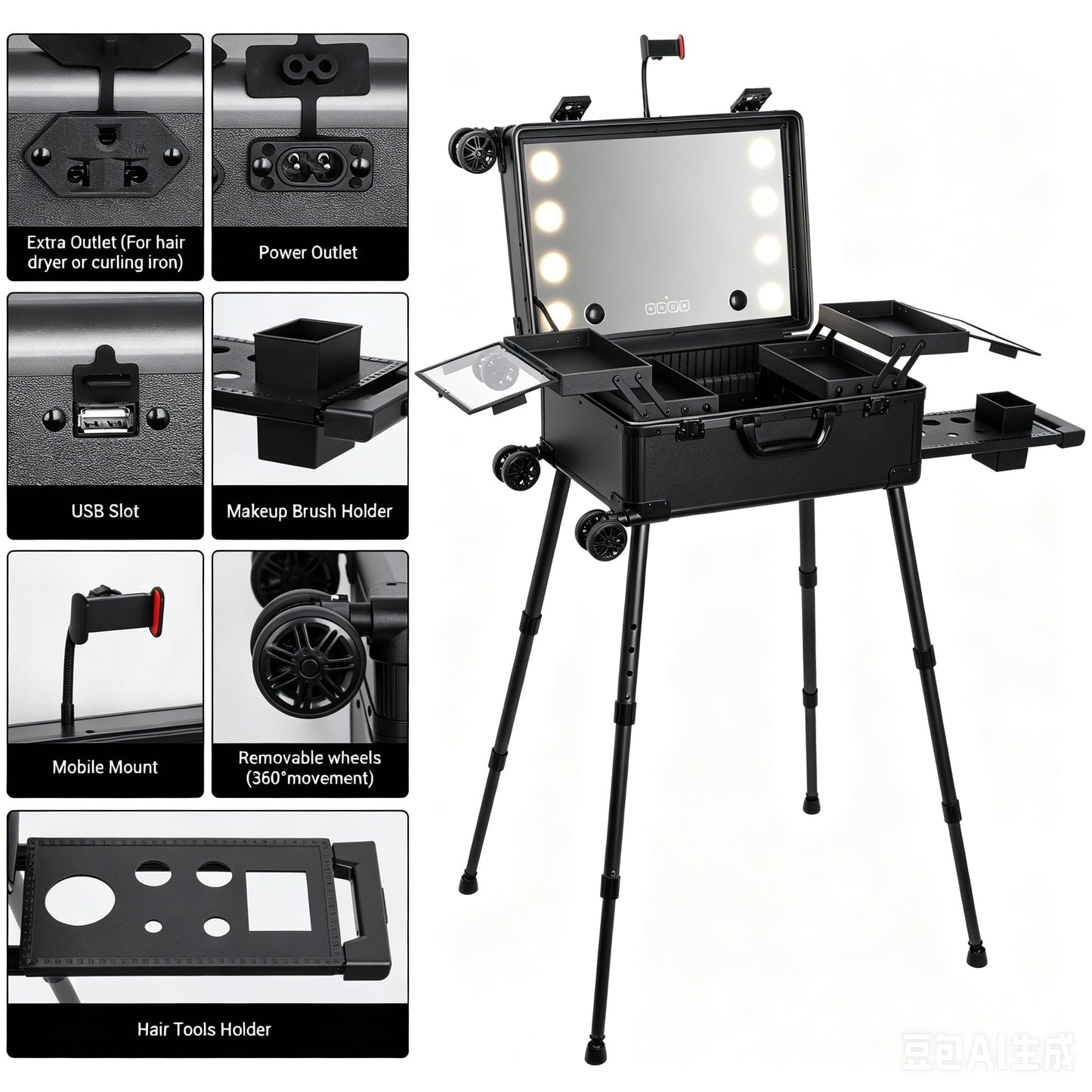 Aiborke Rolling Makeup Train Case with Lighted Mirror and Bluetooth Speaker Professional Cosmetic Organizer Case with Wheels, Stands Portable Makup Station Vanity for Travel (Standard Black, Small)