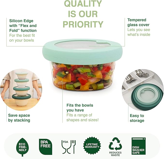 Food Huggers Replacement Lids for Glass Storage Containers Silicone & Glass Lids that Don’t Crack | Fits Most Round Container Brands & Bowls | 100% Plastic Free | 1 Lid (X-Small), Gradual Green