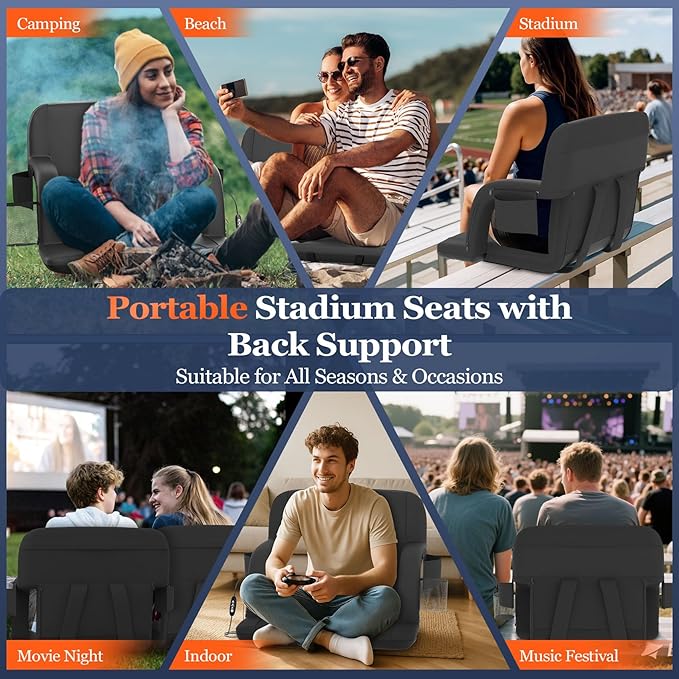 Seeutek Heated Stadium Seats for Bleachers, Portable Stadium Seats with Back Support, USB 3 Levels Bleacher Chairs with Back and Cushion, 5 Pockets Poldable Stadium Chairs for Sports Games,23in 2PC