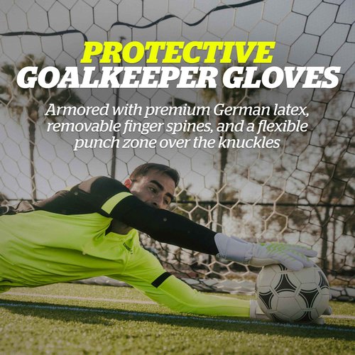Storelli Electric Goalkeeper Gloves, High-Impact Hand Protection With 5 Removable Finger Spines, German Contact Latex, Wrist Strap, Extended Cuff, Youth & Adults, Unisex, 1 Pair, White Charge, Size 11