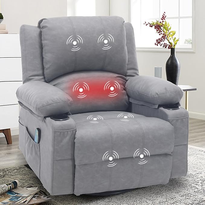 Comermax Massage Recliner Chair with Heat, 360° Swivel Rocker Recliner Chair with Cup Holders, 150° Recline PU Leather Recliner for Living Room,Grey