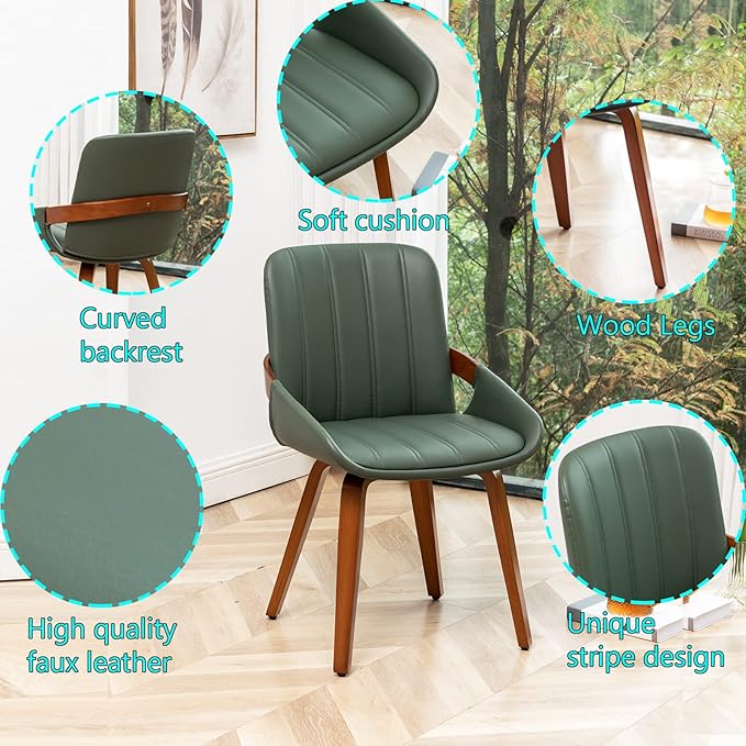 YOUUGIOR Mid Century Modern Faux Leather Upholstered Dining Chairs Set of 2,Armless Accent Chairs with Sturdy Natural Wood Legs,Bamboo Backrest Support for Kitchen&Dining Room Chairs(Green PU)