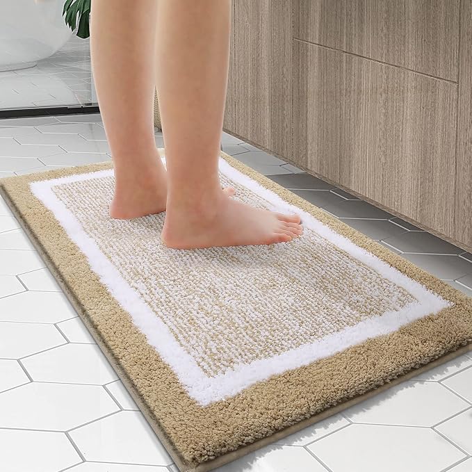 OLANLY Bathroom Rugs 47x20, Extra Soft and Absorbent Microfiber Bath Mat, Non-Slip, Machine Washable, Quick Dry Shaggy Bath Carpet, Suitable for Bathroom Floor, Tub, Shower (Runner, Beige)