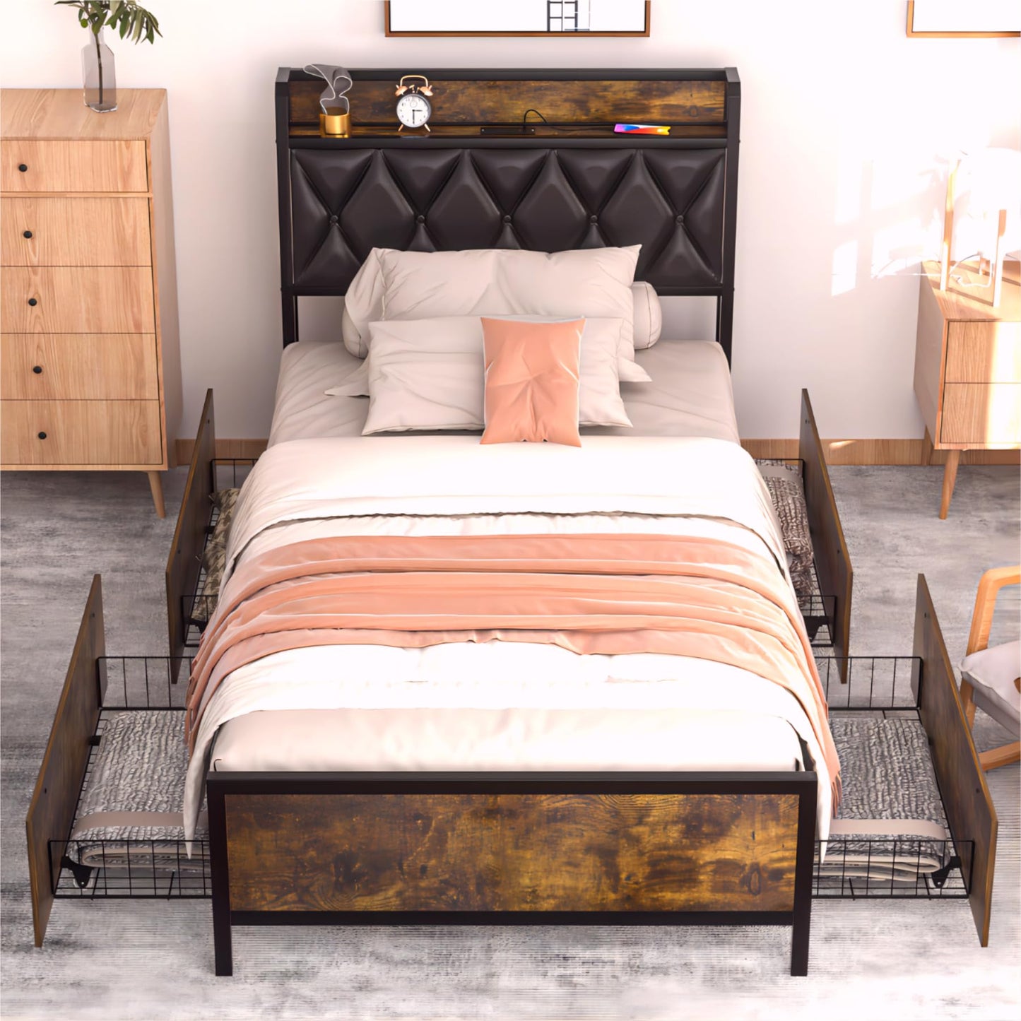 GAZHOME Twin XL Bed Frame with 4 Storage Drawers and Charging Station, Twin XL Upholstered Platform Bed Storage Headboard, No Box Spring Needed, Heavy Duty Slats, Noise Free, Easy Assembly
