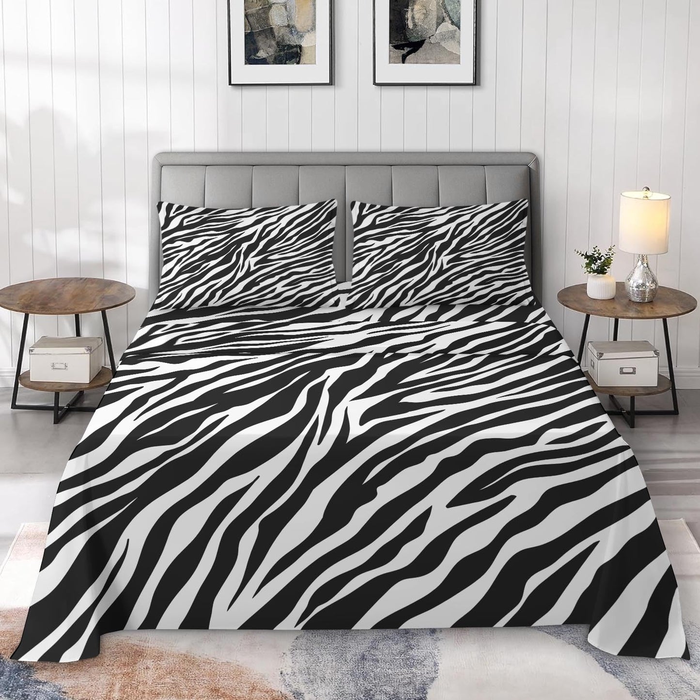 Pamnest Queen Size Bed Sheet Sets, Tiger Zebra Stripe Animal Soft Microfiber 4 Pcs Bedding Sets for Kids and Adults Bedroom Bed Decor, Black White Flat, Fitted Sheet and Pillowcases