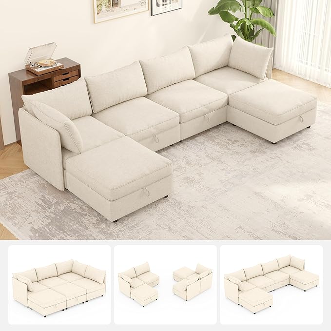 Oversized Modular 6 Seater Sofa with Removable Covers and Storage, Convertible U, L-Shaped and Sleeper Sectional, Modern Sectional Couch with Ottoman Chaise for Living Room, Bedroom, Apartment, Beige