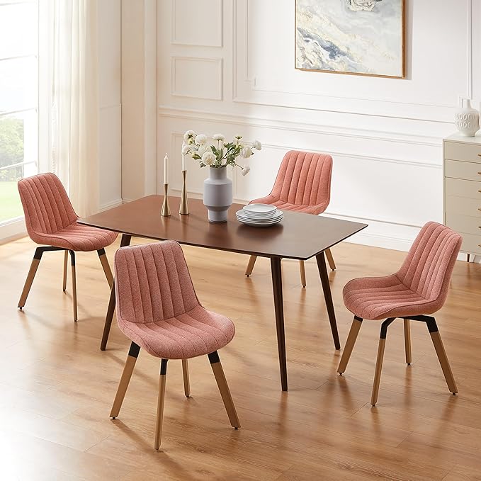 Art Leon Swivel Dining Chairs Set of 2, Mid Century Modern Kitchen Dining Room Chairs, Upholstered Fabric Armless Side Chair with Wood Legs for Living Room Bedroom, Rose