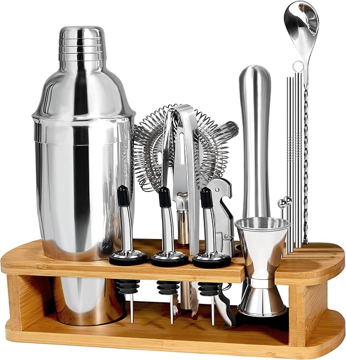CasaCulina Cocktail Shaker Set Mixology Bartender Kit with Stand, 17 Piece Bar Tool Set: Martini Shaker, Jigger, Strainer,...