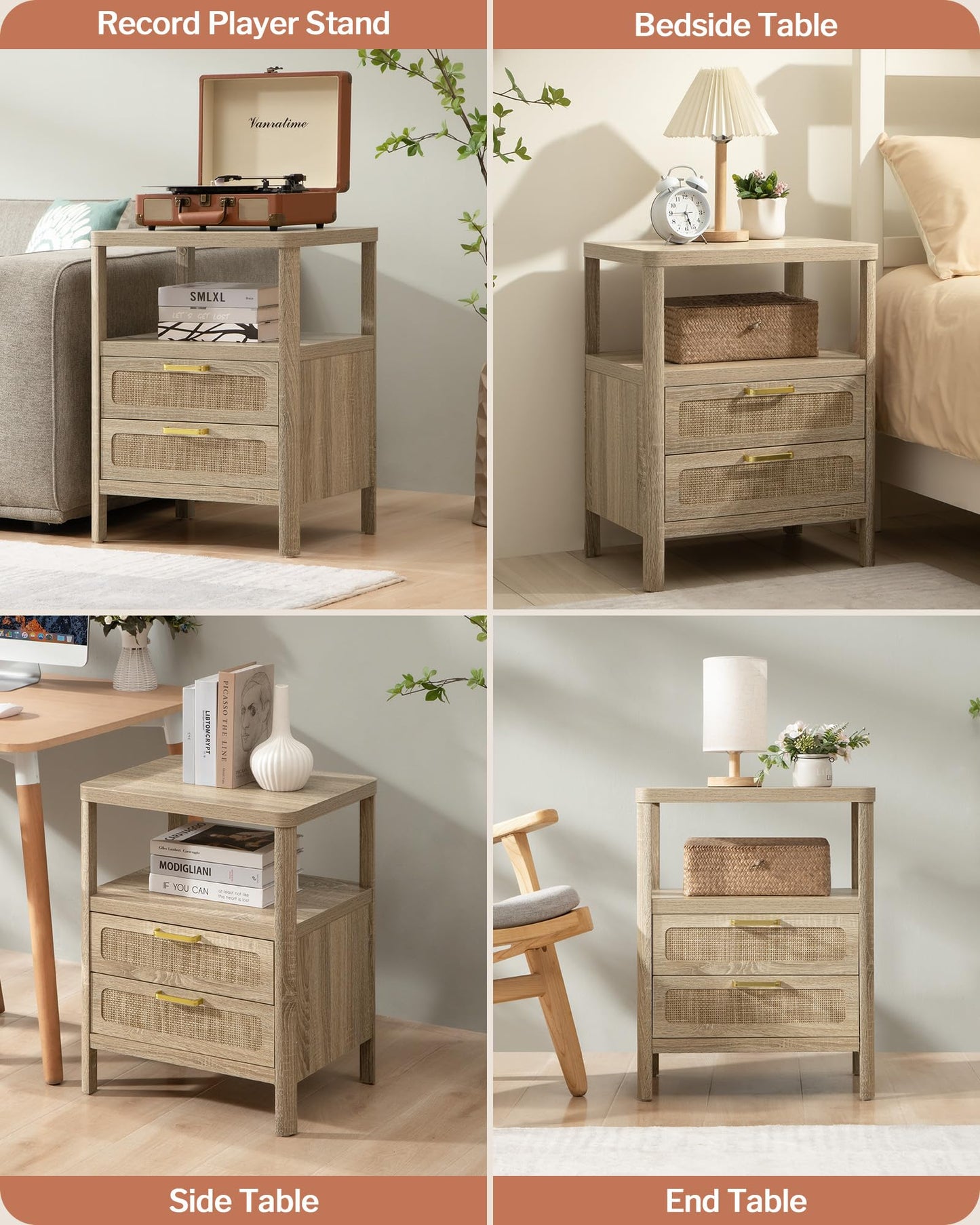 Nightstands Set of 2 - Rattan Night Stand Bedside Table with 2 Rattan Drawers, Open Storage Shelf, Farmhouse Wood Bed Side Tables End Table for Bedroom Living Room, Natural