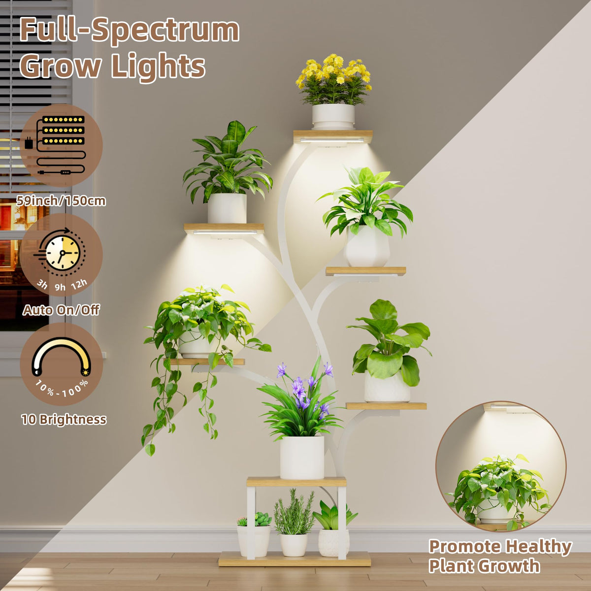 BACEKOLL Plant Stand Indoor with Grow Lights, 7 Tiered Plant Shelf Indoor, 49" Corner Plant Stands for Indoor Plants, Metal Plant Flower Display Shelves, Tree-Shaped Plant Rack for Home, Patio, White