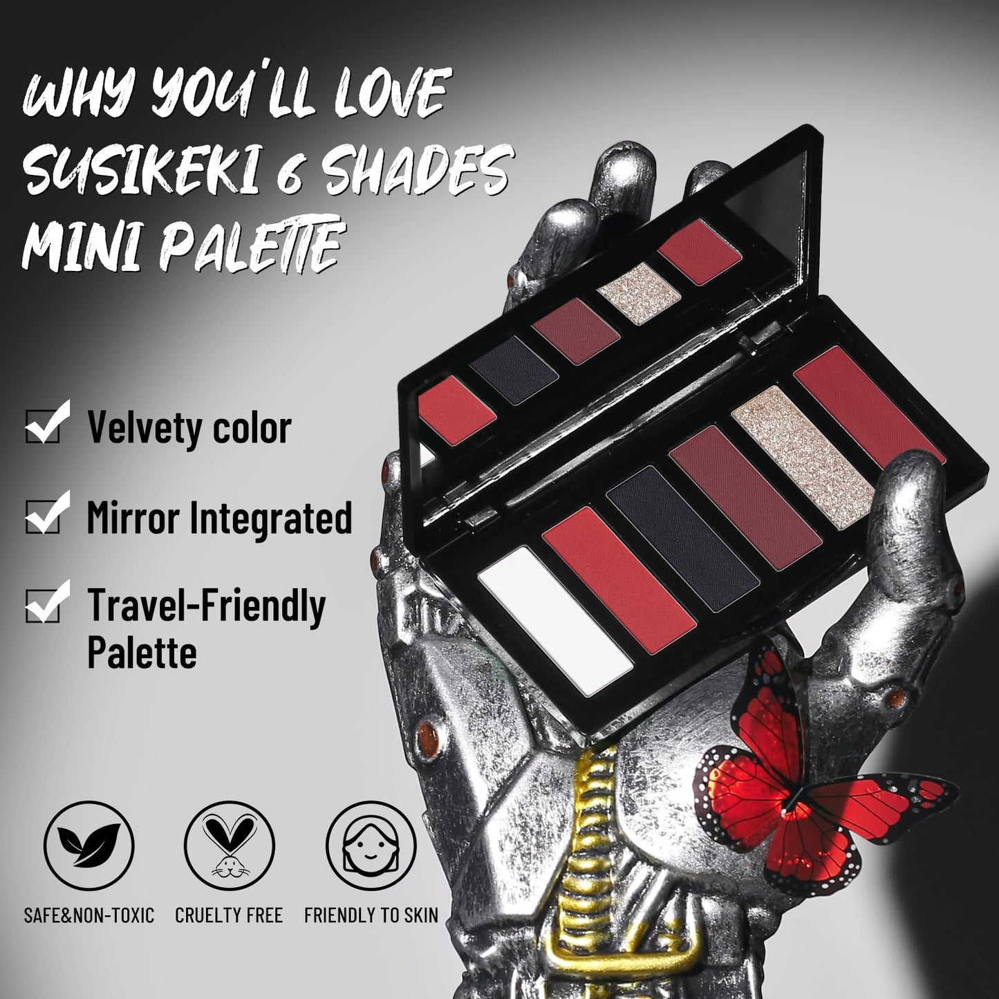 SUSIKEKI Red Eyeshadow Palette with Mirror Sliver Red Black Tones Matte Shimmer 6 Colors Mini Eye Shadow Pallet Travel Size High