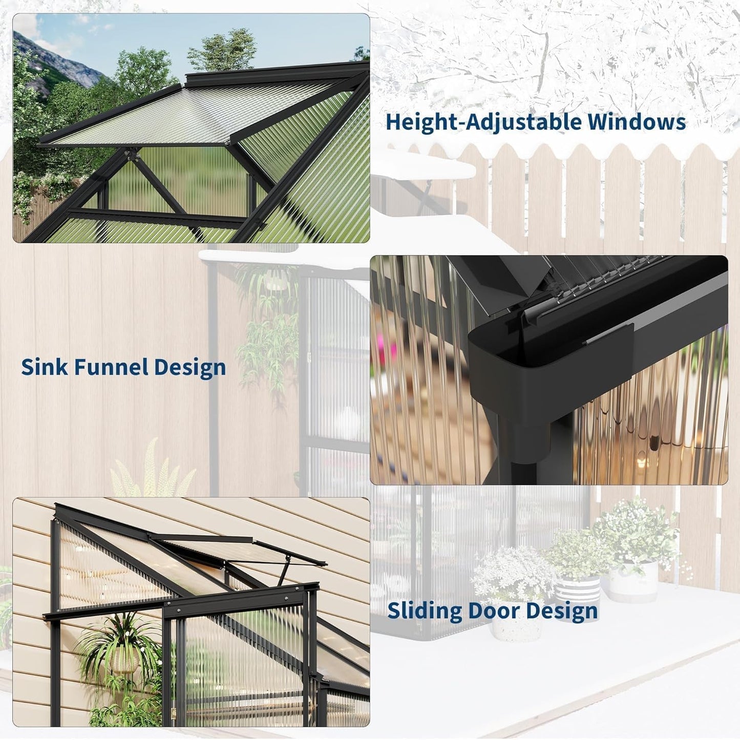 MilleLoom 4x4 Ft Greenhouse, Lean-to Polycarbonate Greenhouse with Quick Setup Structure, Roof Vent&Sliding Door, Aluminum Walk-in Green House for Outside Garden Backyard, Patio, Lawn, Silver