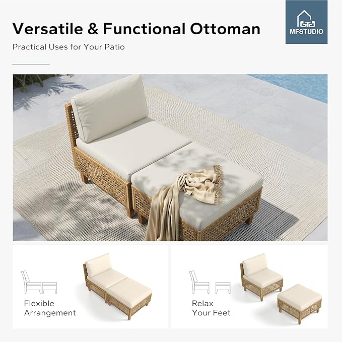 MFSTUDIO Wicker Patio Furniture Set, Rattan Outdoor Couch Sectional Sofa, 5 Pieces Patio Conversation Set with Acacia Wood Coffee Table, Outdoor Rattan Furniture Set for Garden or Balcony, Beige