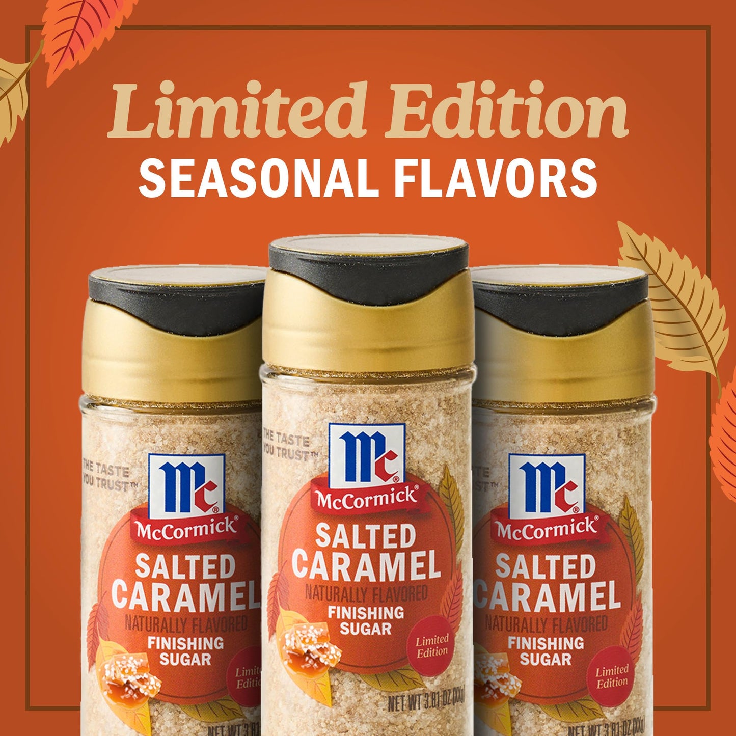 McCormick Finishing Sugar, Salted Caramel, Limited Edition, Creamy Caramel Flavor with a Touch of Salt, For Coffee, Ice Cream, Brownies, Popcorn, Hot Cocoa, and More, 3.81 oz