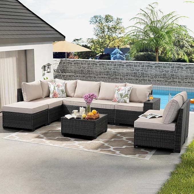 SunloungeCo 9 Pieces Outdoor Patio Furniture Set, Wicker Conversation Sets with Tea Table, Rattan Patio Sofa with Thick Cushions for Garden, Backyard Porch, Poolside,Beige
