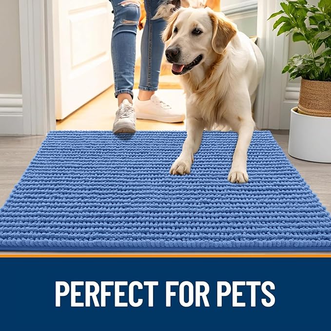 OLANLY Dog Door Mat for Muddy Paws 59x35, Ultra Absorbent Chenille Mud Doormat, Non-Slip Washable and Dirt Trapping Doormat for Indoor Entryway, Quick-Dry Indoor Pet Bed Mats for Dogs, Cornflower Blue