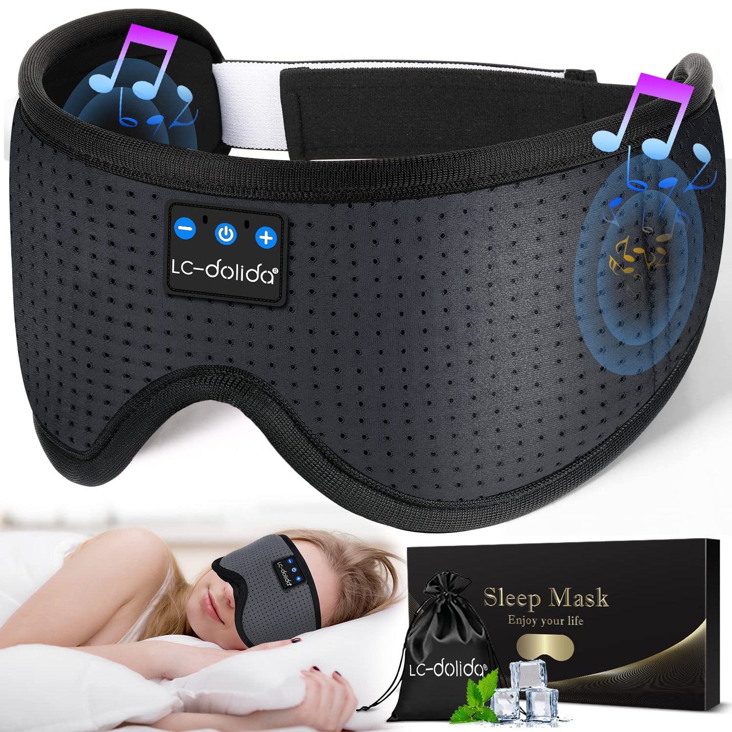 LC-dolida Sleep Headphones, Sleep Mask Bluetooth Wireless Music Eye Mask, Sleeping Headphones for Side Sleepers Sleep Mask with Bluetooth Headphones Ultra-Thin Stereo Speakers Perfect for Sleeping