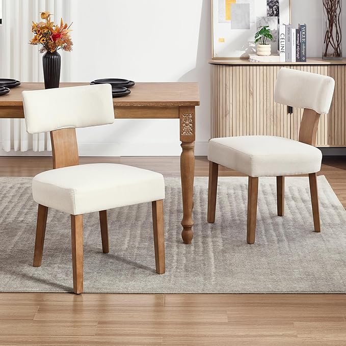 KHISCHMO Mid Century Modern Dining Chairs, Upholstered Linen Fabric Chairs with Curved Backrest and Wood Legs, Comfy Kitchen Vanity Chair for Dining Room/Living Room/Kitchen, Set of 4 Beige