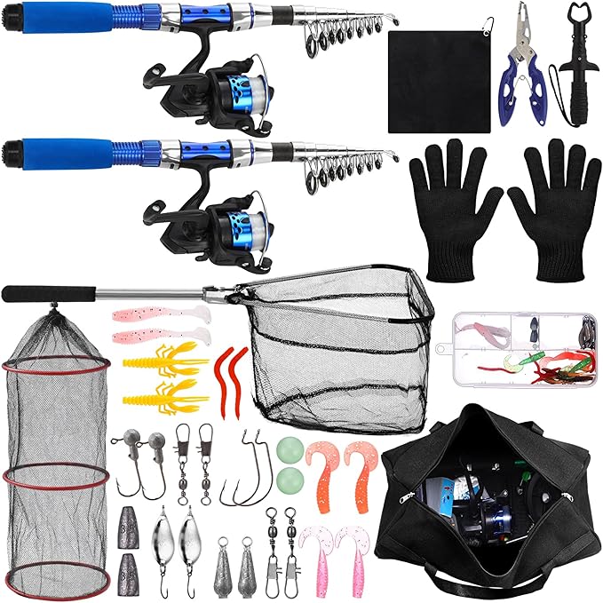 LaRandom 51 Pcs Christmas Fishing Pole Combo 6.89ft Telescopic Rods Set Collapsible Fishing Rods with Plier Lip Gripper Lu...