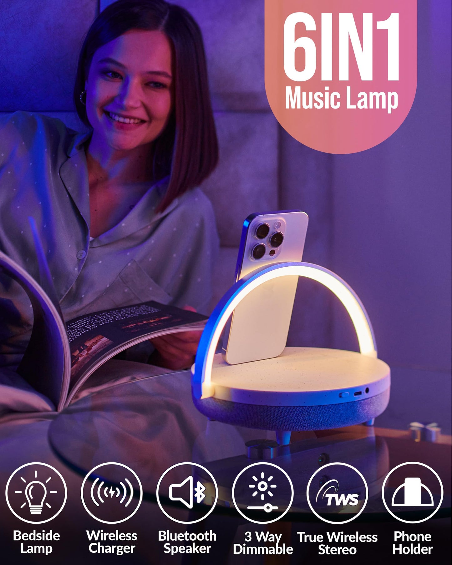 BELMAK Bedside Lamp with Wireless Charger, 6 in 1 Touch Bedside Lamp, Portable Bluetooth Speaker, Birthday Gifts for Women, Gift for Her, Mom, Dad, Mens Gifts for Birthday Unique