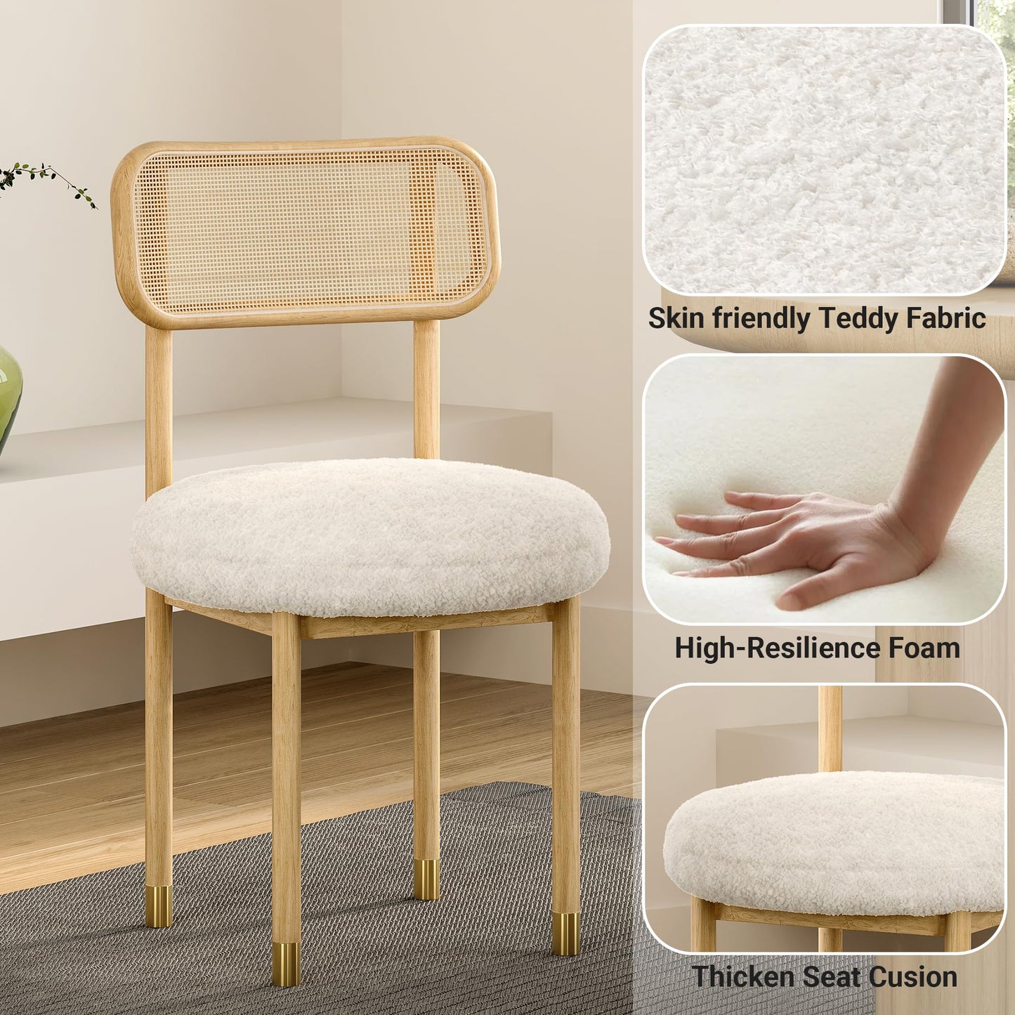 HoeuThien Upholstered Rattan Dining Chairs Set of 4, Mid Century Modern Kitchen Chairs with Curved Back and Solid Wood Legs Armless Accent Chair for Living Room Bedroom, Natural Oak/White Boucle