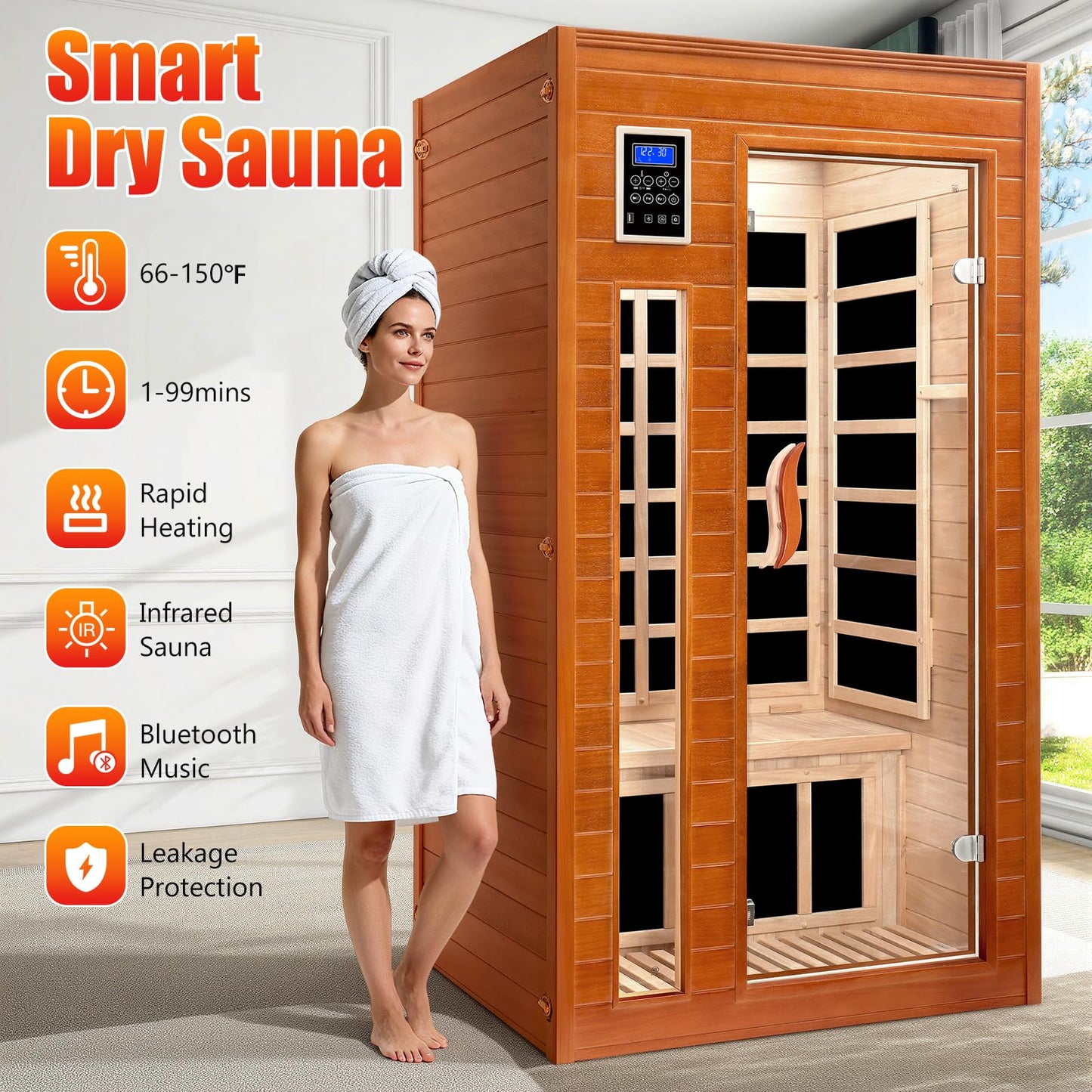 X-Vcak 1-2 Person Infrared Sauna, Dry Heat Sauna with Red Light Therapy, Bluetooth, Radio, 7-Color Therapy Light for Home, Indoor, Gym, Wellness Center, 36″ x 36″ x 73″, Brown