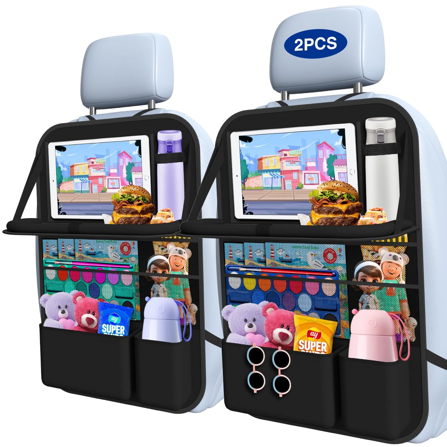 Oneyus Car Backseat Organizer with Table Tray((2-Pack)) 9 Storage Pockets Backseat Car Organizer and storage with Tablet Holder, Kick Mats Back Seat Cover for Kids family Road Trip Essentials Travel