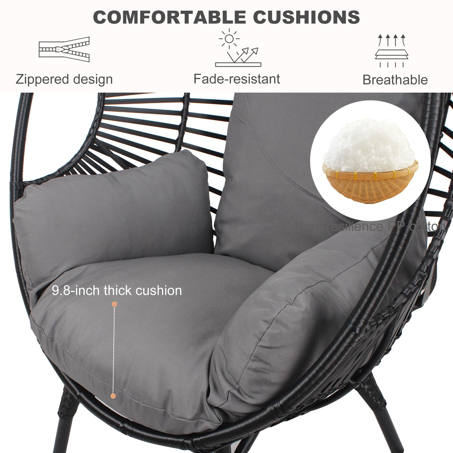 TQKVIPI Oversized Wicker Egg Chair, Outdoor Indoor Rattan Patio Egg Lounge Chairs with Cushion 500lbs Capacity for Living Room, Balcony, Backyard(Black)