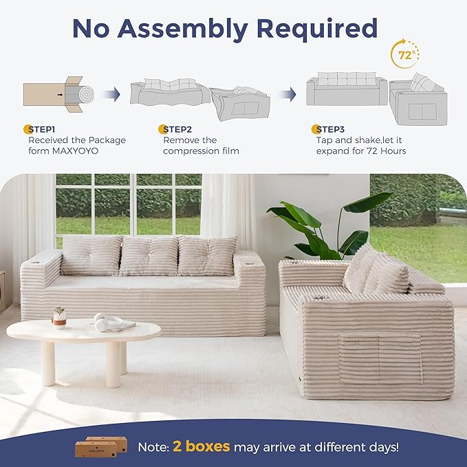 MAXYOYO Boneless Couch and Loveseat Sets for Small Spaces, Mini Love Seat Floor Couch with Cup Holders and Pillows, Upholstered Cloud Couch for Bedroom Apartment, No Assembly Required