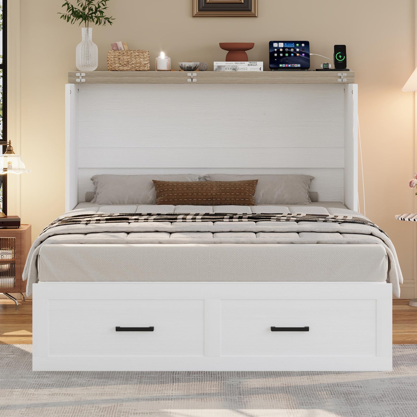 Ball & Cast Murphy Bed Full Size with Charging Station,Farmhouse Murphy Cabinet with Large Storage Drawer,Hideaway Bed Foldable Platform Bed for Guest Room, Apartment, White