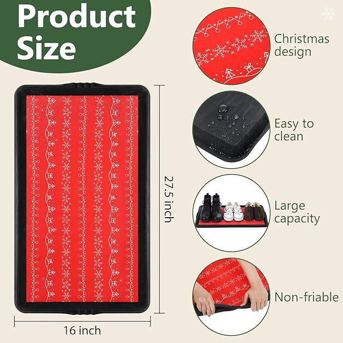 Maxdot Christmas Boot Tray Rubber Holiday Shoe Mat Tray with Festive Print 16" X27.5" Waterproof Rubber Shoe Mat for Entryway Indoor Outdoor Use with Raised Edge Christmas Decor(2 Pack)